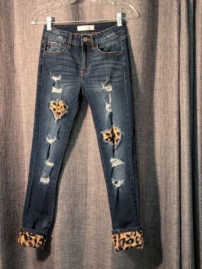 Kancan Dark Blue Distressed Women’s Jeans with Leopard Patch Detail